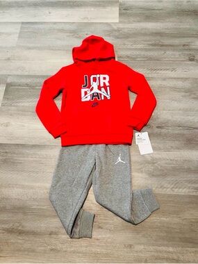 Nike Jordan Kids Red Pullover Hoodie & Gray Jogger Set Outfit 4T